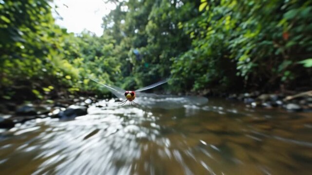 A dragonfly's perspective skimming low over the rushing stream water, blurring speed, forest a green haze.