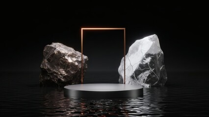 Luxury Product Display Podium with Gold Frame and Natural Rocks on Reflective Dark Surface