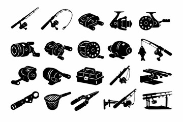 Assorted fishing equipment silhouettes: rods, reels, tackle box, and tools