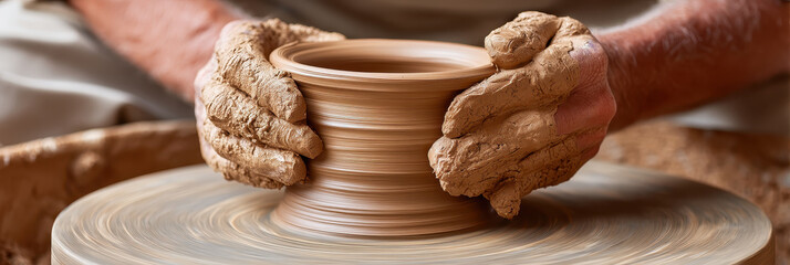 Active senior happy retirement elderly health aging society potter shaping clay on wheel creating ceramic bowl with mud covered hands smiling expression