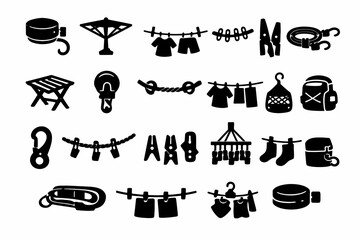 Silhouette icons of laundry items and clotheslines for household chores