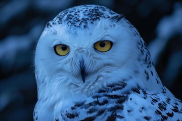 Obraz premium Close up of a snowy owl showing its intense yellow eyes and detailed plumage in a twilight setting