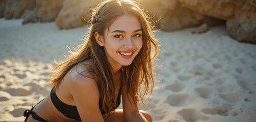 Young woman with long brown hair smiling on a sandy beach during golden hour