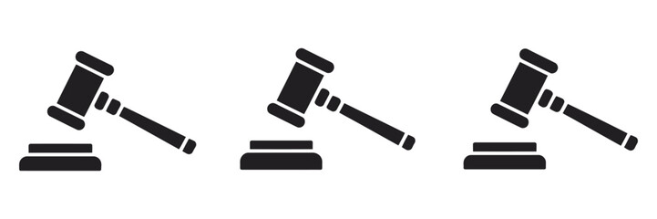 Gavel icons  judge gavels in multiple styles, featuring flat and outlined hammer symbols for legal decisions, courtroom justice themes, law authority visuals, and isolated 