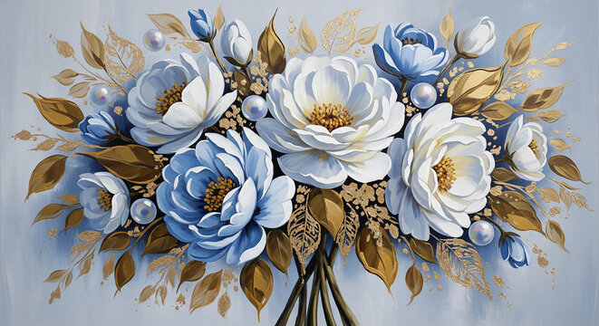 Acrylic painting of elegant blue and white flowers with gold leaves 3D Wall Mural. floral landscapes. 3d floral art, floral wallpaper, Luxurious textile tile wall art