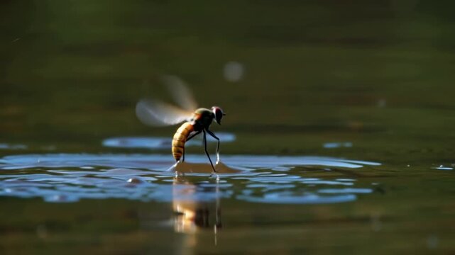 A mayfly hatching from the water's surface, taking flight for the first time, delicate wings, slow motion.