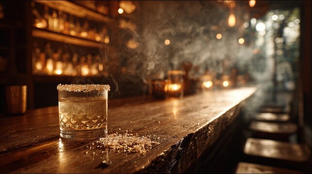 mezcal. Smoky bar counter with a glass of mezcal and salt rim. bar promotions, beverage menus, designed for product packaging and bar promotions, used by biotech researchers.
