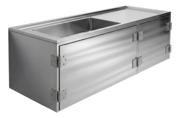 Durable stainless steel vanity unit with industrial hinges, ideal for restaurant restrooms.