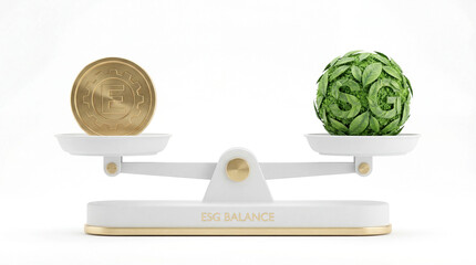 3D Render of Weighing Scale Balancing Gold and Green Plant for ESG Economy Concept
