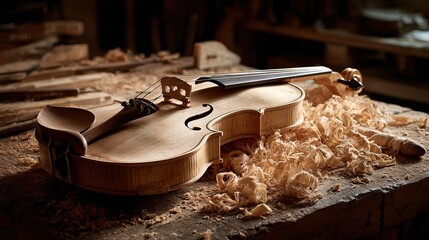 entitling. Unfinished violin on a workbench surrounded by wood shavings, warm wood tones and traditional craftsmanship. safety posters.