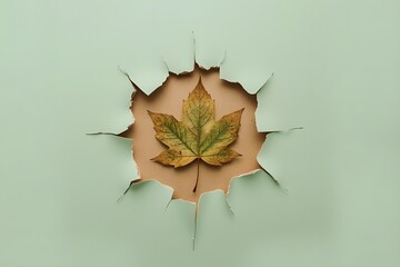 nature discovery concept with a brown withered leaf hidden behind a ripped paper background