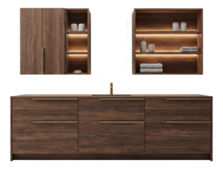 Spacious vanity with ample storage and adjustable shelves, perfect for family bathrooms.