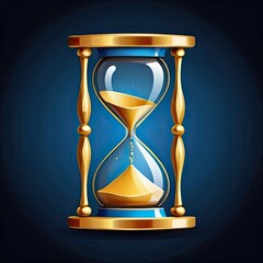 Elegant golden hourglass displaying fine sand flowing between two chambers against a dark blue background, symbolizing the passage of time