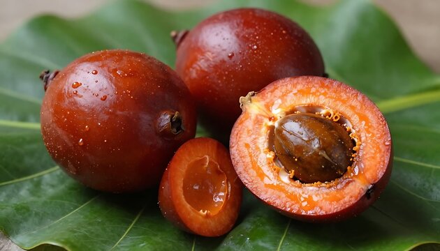 Close up of fresh chontaduro fruits on green leaf
