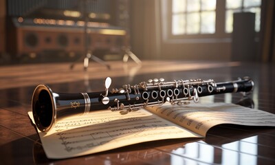 Obraz premium Clarinet on sheet music in a music room