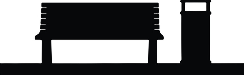 Naklejka premium Silhouette Classic Park Bench and Public Trash Can on Ground Line Vector Illustration