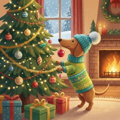 Cute cartoon dachshund in a colorful winter sweater and blue hat with a pompom, decorating a Christmas tree with ornaments in a cozy living room