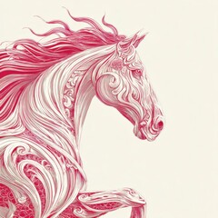 Artistic illustration of a horse's head with flowing, decorative red mane, featuring intricate linework and elegant patterns.