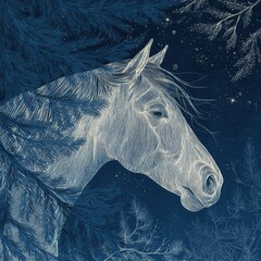 A detailed vintage-style illustration of a horse portrait in profile