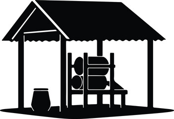 Fototapeta premium Silhouette Rustic Traditional Olive Oil Press Machine Under a Simple Wooden Shed Vector Illustration