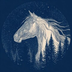 A detailed vintage-style illustration of a horse portrait in profile