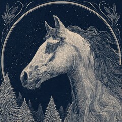 A detailed vintage-style illustration of a horse portrait in profile