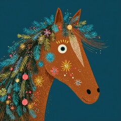 Colorful, whimsical illustration of a brown horse surrounded by vibrant flowers, plants, and abstract shapes on a deep blue background.