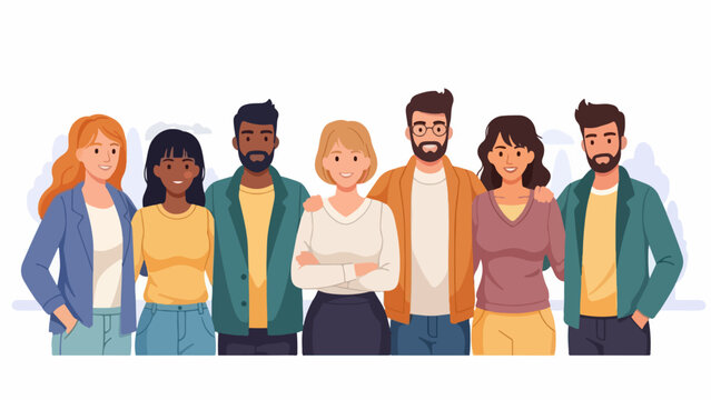 Illustration of a cheerful and diverse group of young adults standing together, symbolizing community, friendship, and teamwork in a modern social setting