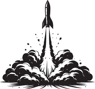 A silhouette of rocket launch with smoke, dramatic moment, vector art