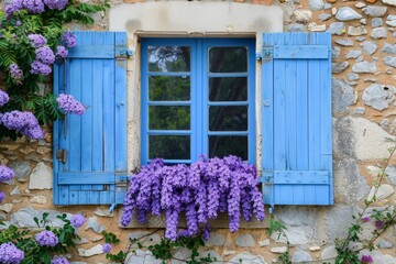 Purple flowers cascade from a window box beneath a vibrant blue window in a charming stone facade