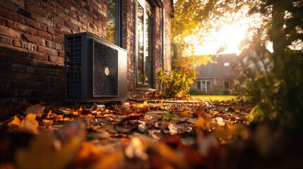 Air source heat pump unit installed outside a brick house in autumn garden with fallen leaves and golden sunset light