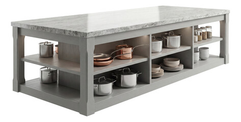 Granite kitchen island with storage shelves, ideal for organizing pots and pans.