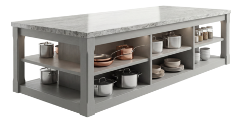 Granite kitchen island with storage shelves, ideal for organizing pots and pans.