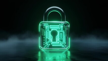A glowing green digital padlock on a dark reflective surface surrounded by mist