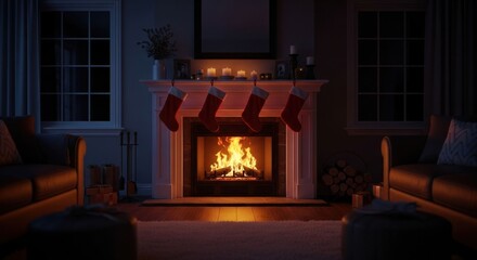 Cozy Christmas living room with fireplace and stockings