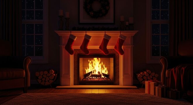 Cozy Christmas fireplace with stockings - Powered by Adobe
