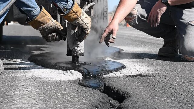 Workers repairing asphalt road with jackhammer on sunny day 4k video