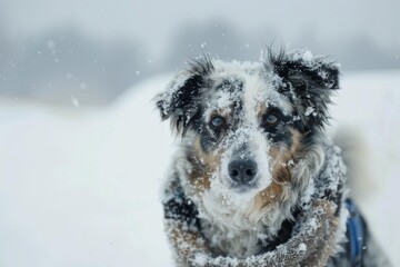Adorable australian shepherd dog covered in snowflakes during a winter snowfall, enjoying the cold weather