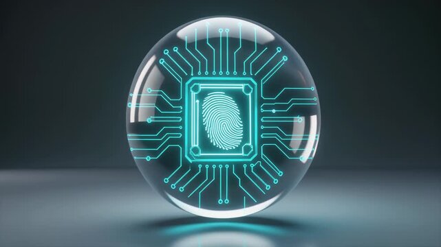A transparent orb showcases a neon blue microchip design on a dark reflective surface