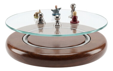A rotating circular display stand for showcasing collectibles in a stylish dining area.