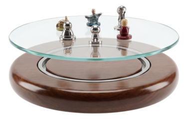 A rotating circular display stand for showcasing collectibles in a stylish dining area.