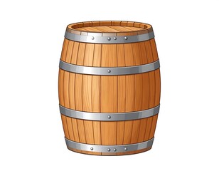 Obraz premium Cartoon-style, wooden barrel, with metal bands. It has a rounded shape, vertical wood planks, and a top