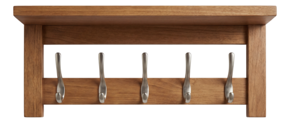 Stylish wall-mounted wooden coat rack with a top shelf for extra hallway storage.