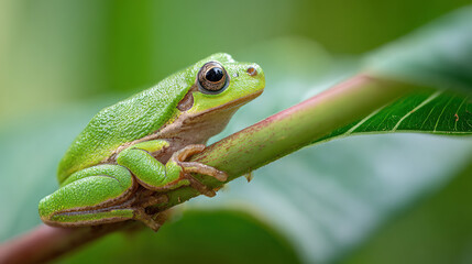 Naklejka premium Small Green Tree Frog Clinging Calmly