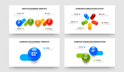 Enterprise Innovation Four Five One Two Element Infographic Slide Design Vector Illustration Set. Colorful Proposal 4 5 1 2 Option Graph Frame Layout Collection.