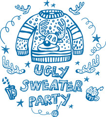 Ugly Christmas Sweater with Reindeer and Lettering in Doodle Style
