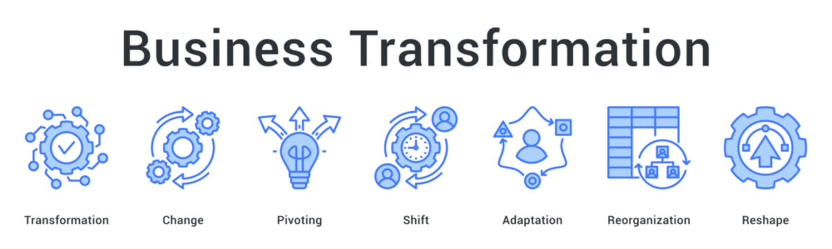 Business transformation banner web icon drives change through pivoting and shift toward adaptation and organizational reshape.