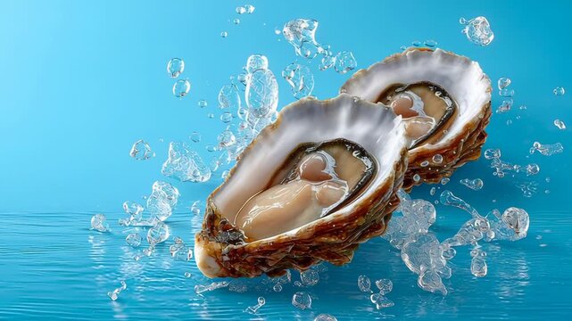 Fresh oysters splashing in clear water with vibrant blue background showcasing their natural beauty and texture while highlighting the freshness and appeal of seafood delicacies for culinary presentat