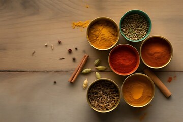 Top view of indian spices and ingredients artfully arranged on a light wooden table