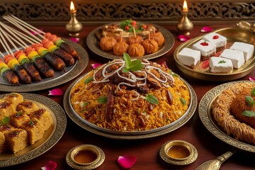 Grand traditional eid al fitr feast with biryani sweets and kebabs on ornate table